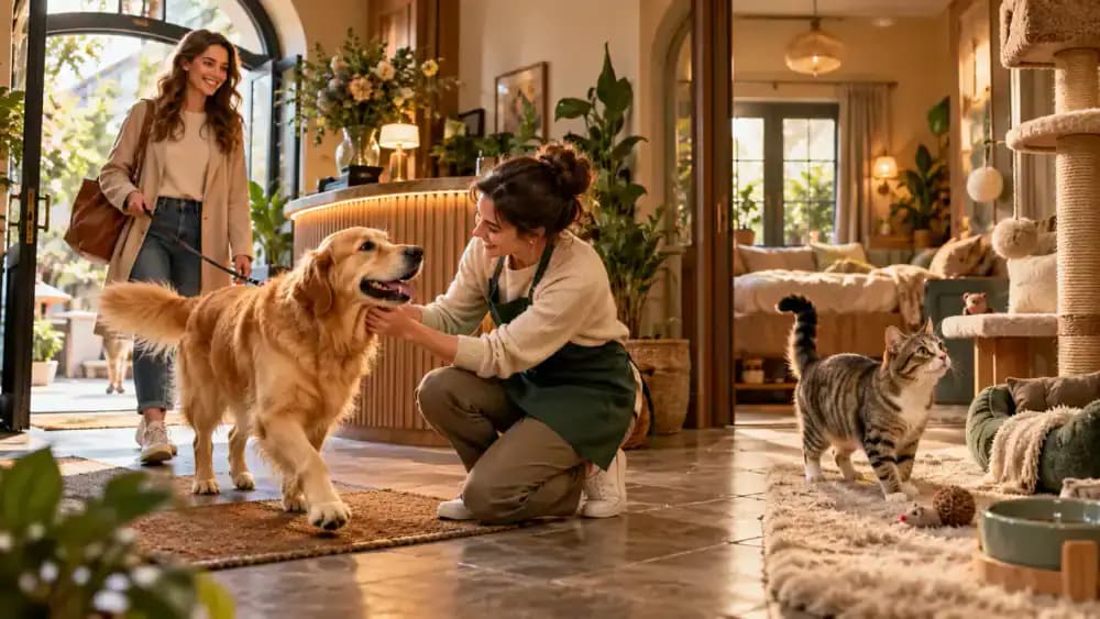 Golden retriever entering a bright boarding reception, tabby cat exploring a quiet cat suite, and pet owner reviewing boarding records at a kitchen table.