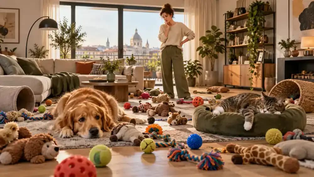 Dog and cat sitting among an oversized pile of pet toys in a modern living room