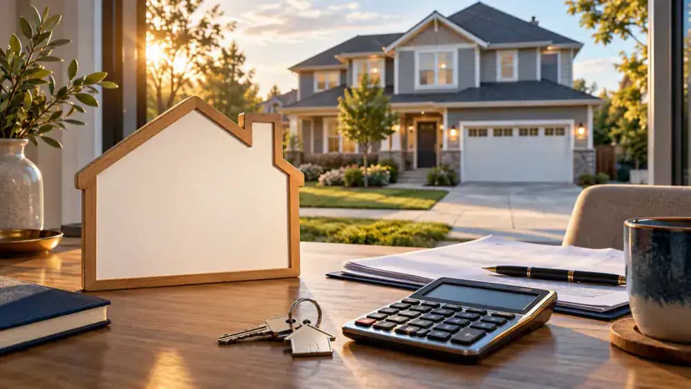 Suburban home with a blank sale sign, house keys, and a calculator on a foreground table.
