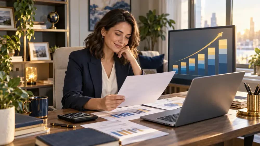 Employee reviewing a raise while comparing income layers on a financial chart