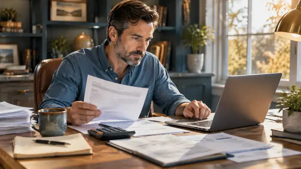 American taxpayer reviewing tax documents beside a laptop and calculator at home.