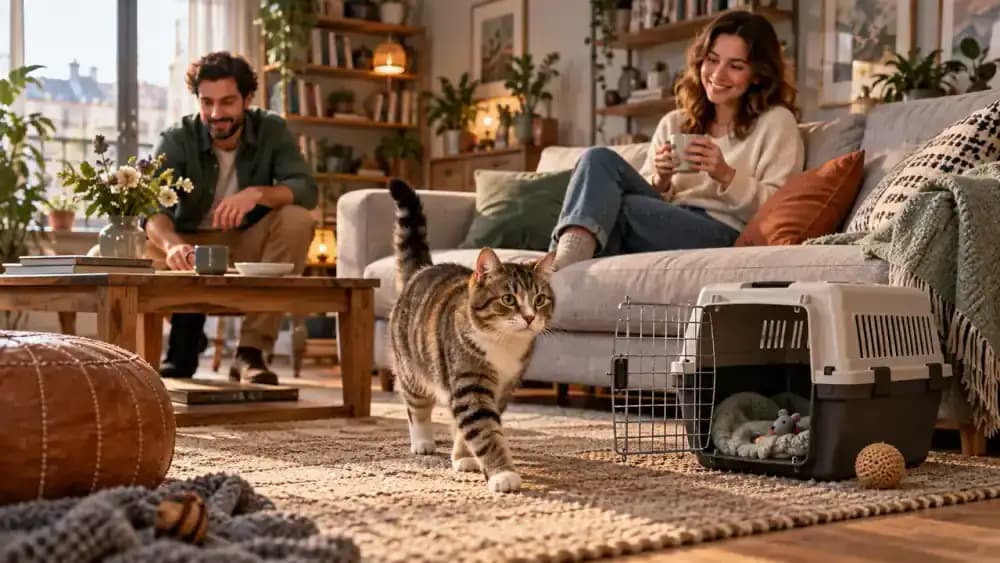Relaxed cat walking near an open carrier beside a sofa during normal household activity