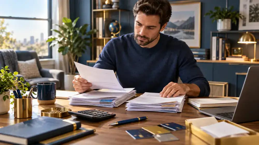 Person organizing several debt statements at a desk