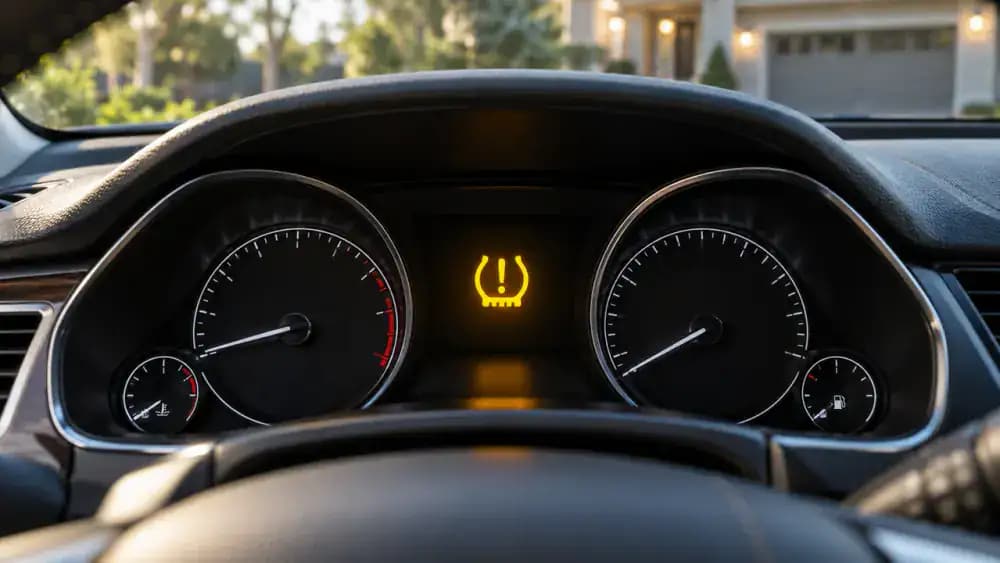 Yellow tire pressure warning symbol illuminated on a modern car's dashboard while the vehicle is parked safely in a level parking lot.