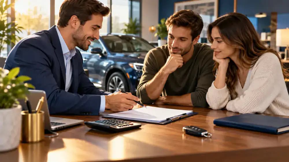 Car keys, calculator, and auto financing paperwork arranged on a dealership desk.