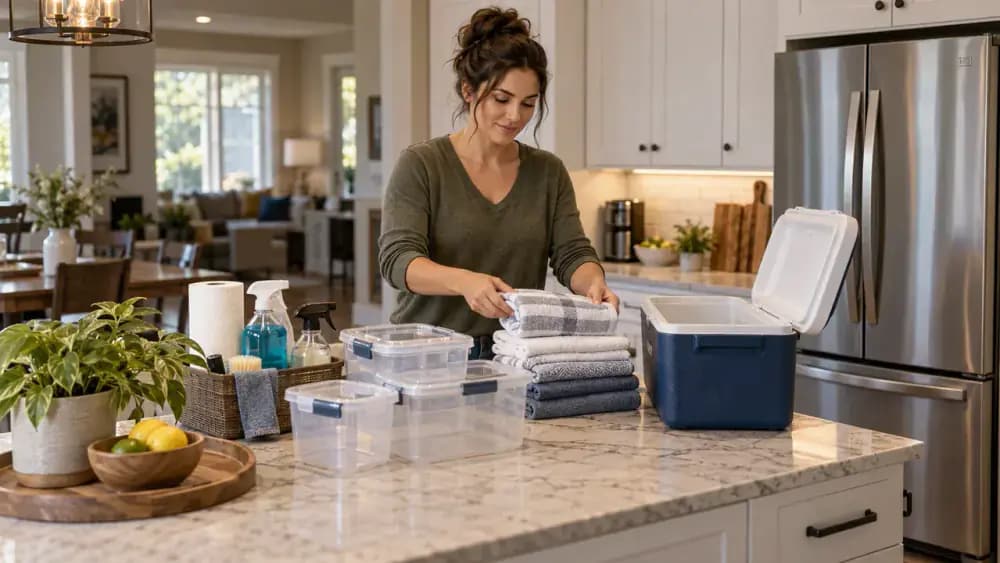 Kitchen counter beside an open refrigerator showing cleaning supplies, towels, food containers, and an empty cooler with ice packs prepared for refrigerator cleaning