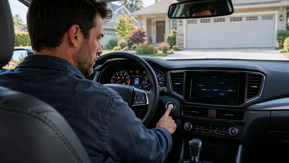 Driver pressing the illuminated engine Start button inside a parked modern sedan as the dashboard lights flicker and dim.