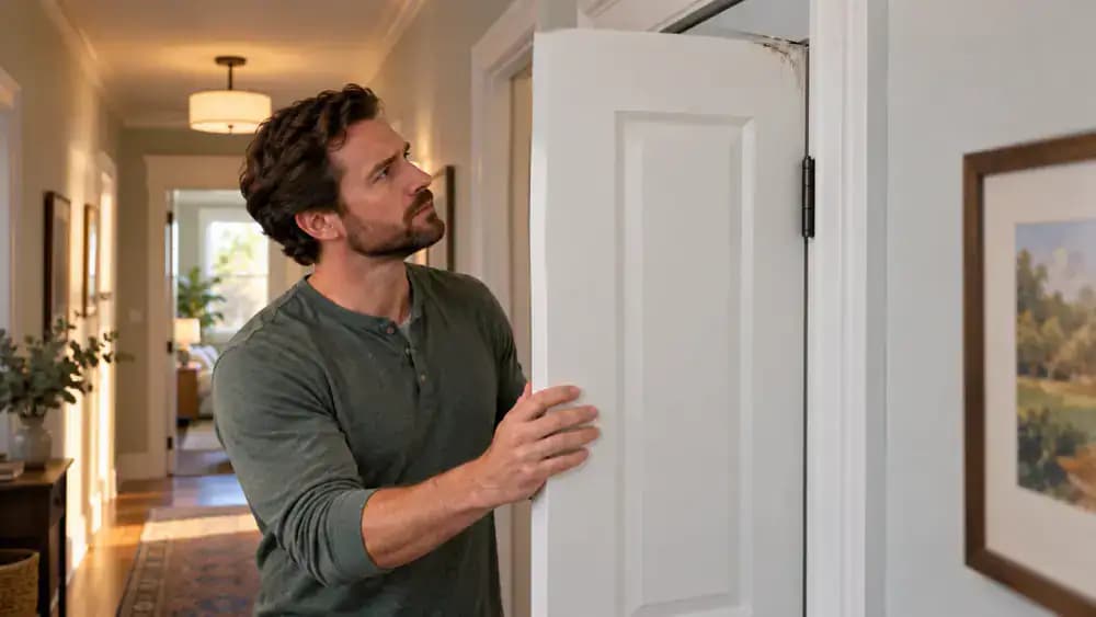 Homeowner gently pushing a white interior door toward its frame in a sunlit American hallway, revealing an uneven gap and sticking point at the upper latch-side corner of the painted wooden jamb.