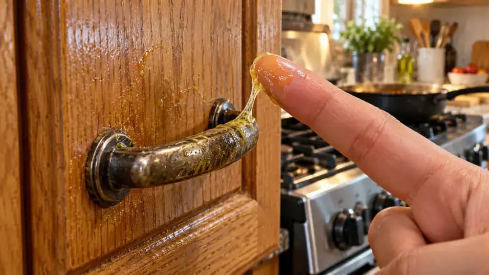 Extreme close-up of a finished oak kitchen cabinet beside a stove, showing yellowish cooking grease around a brushed nickel handle as a fingertip touches the sticky surface and picks up oily residue.