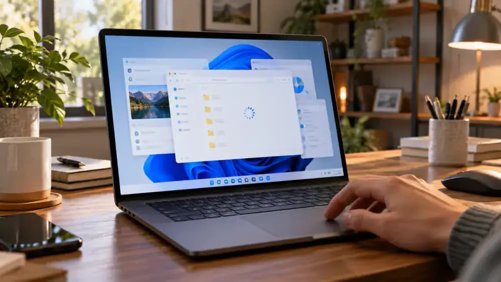 Windows 11 laptop in a home office showing a delayed File Explorer launch with a loading indicator while a user attempts to open another application.