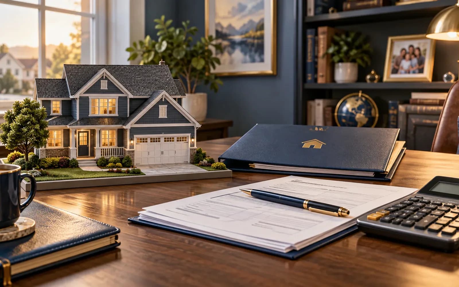 Suburban home with mortgage paperwork and insurance documents
