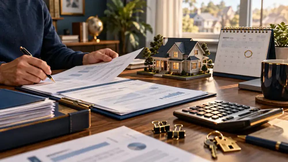 Homebuyer reviewing a calendar and house purchase documents