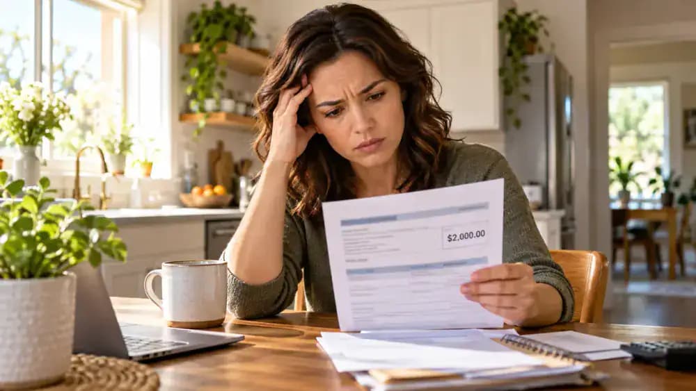 Adult seated at an American kitchen table studying a fictional health insurance Explanation of Benefits document displaying a sample $2,000 billed charge, with a concerned expression.