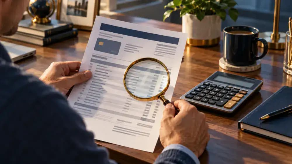 Credit card statement beside a magnifying glass and calculator