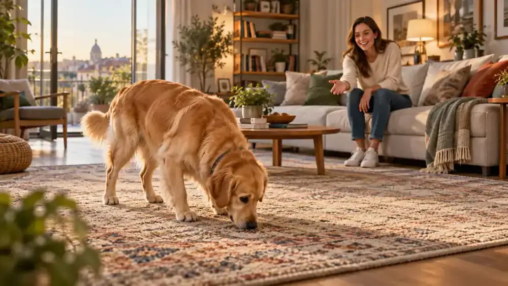 Golden retriever sniffing a living room rug while its owner patiently calls from nearby