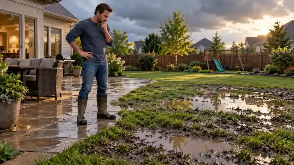 Suburban backyard after heavy rain with large puddles on a muddy lawn, a waterlogged planting bed, visible roof downspout, sloping grass, and a homeowner observing from a dry patio.