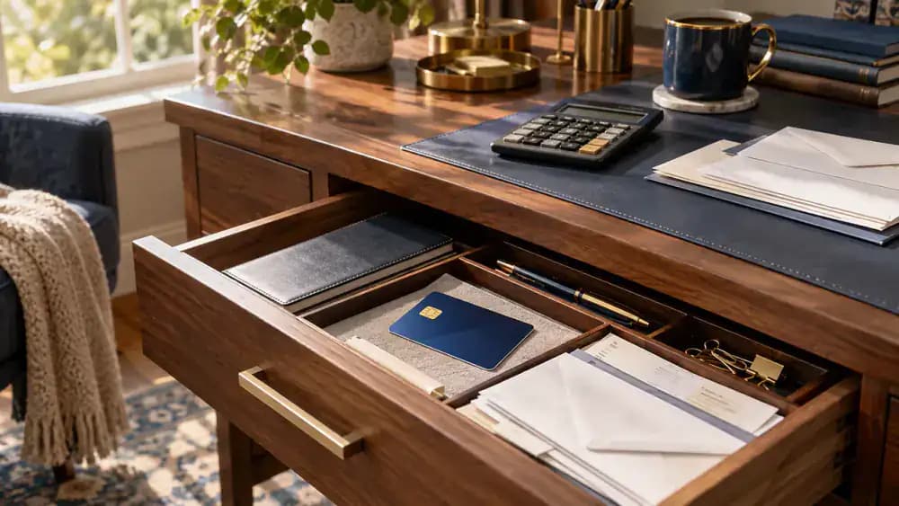 Unused credit card sitting inside an open wooden desk drawer.