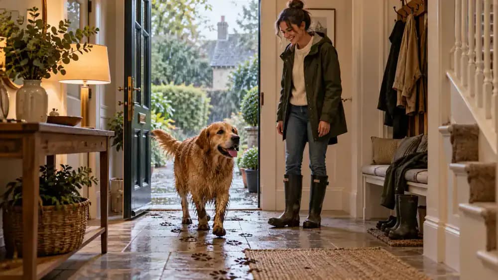 Cheerful golden retriever entering a bright hallway through an open front door, leaving muddy paw prints on cream tiles while its owner holds a leash and looks on with amused surprise.