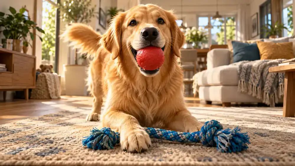 Golden retriever choosing a red ball beside a blue rope toy while its owner watches without pointing.