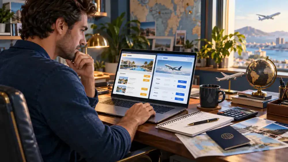 Traveler comparing a credit card travel portal with an airline booking website