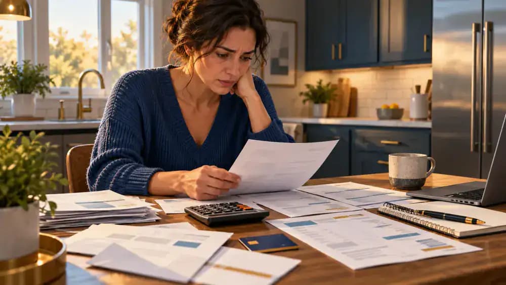 Overdue bills and a credit card arranged on a kitchen table in a quiet home.