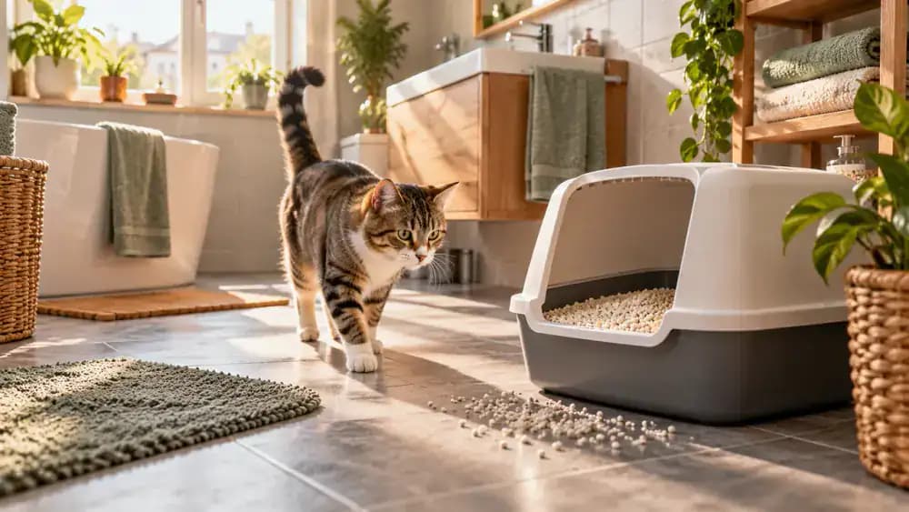 Cat owner inspecting a litter box with visible waste clumps and scattered litter in a bright apartment bathroom, with a cleaning schedule displayed on the wall.