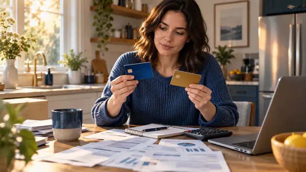 Consumer comparing a debit card and credit card at a kitchen table