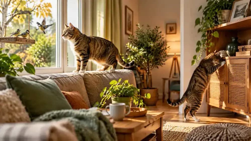 Curious tabby cat exploring a living room, watching birds from a window, and resting on a cabinet while its owner observes nearby.