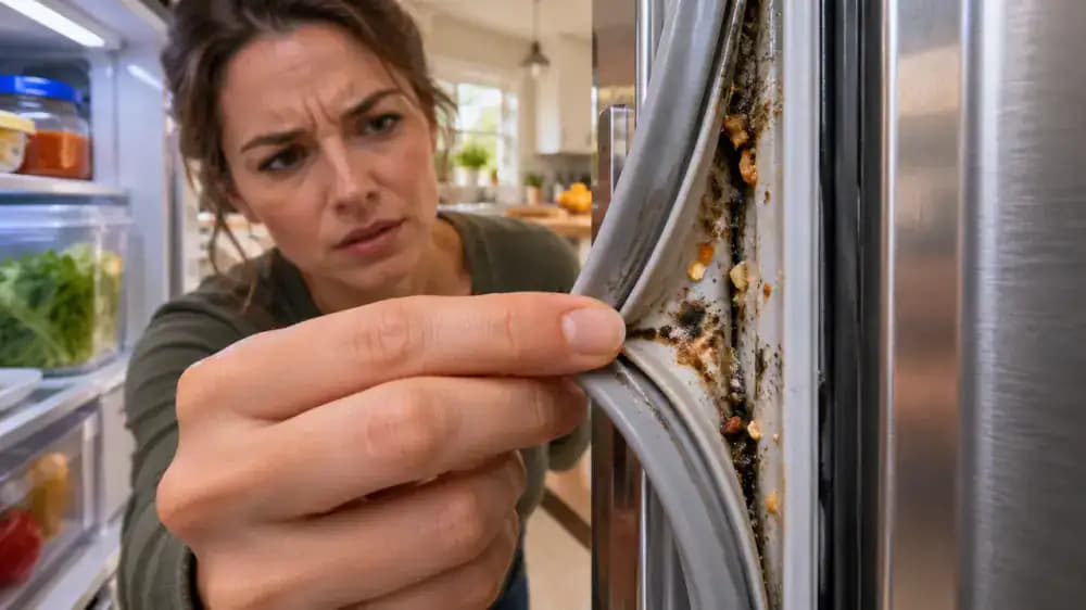 Close-up of a refrigerator door rubber gasket with bread crumbs, dried sticky residue, and dark marks trapped inside narrow seal folds.
