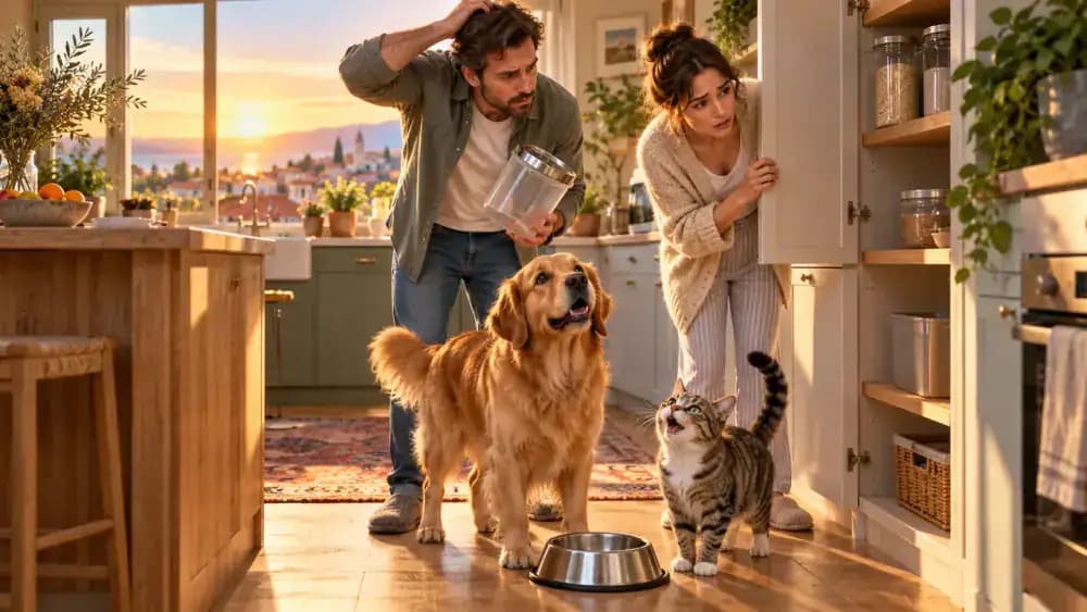 A Golden Retriever waits beside an empty food bowl while a tabby cat meows near the kitchen counter. Two adults exchange confused looks in a busy American kitchen at sunrise, surrounded by breakfast dishes, a coffee mug, and school bags.