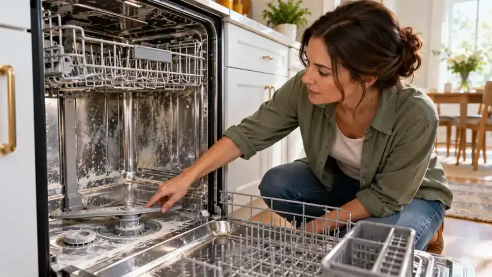 Open stainless steel dishwasher with lower rack pulled out, showing cloudy white mineral buildup on interior walls, chalky rack edges, and deposits around lower spray arm openings as a person points toward the residue.