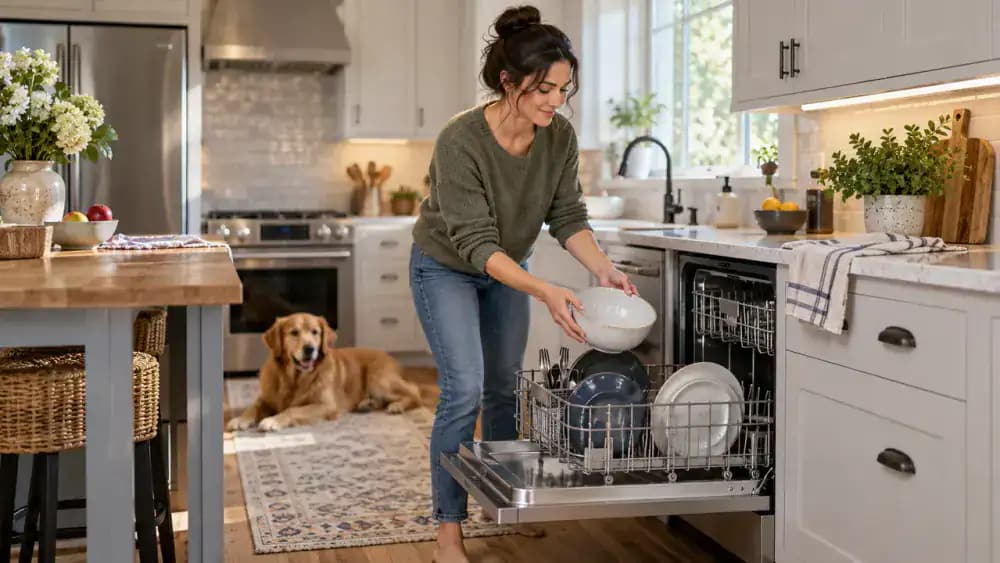Adult removing the final plate from an open dishwasher, leaving the racks empty and the lower interior visible for filter access.