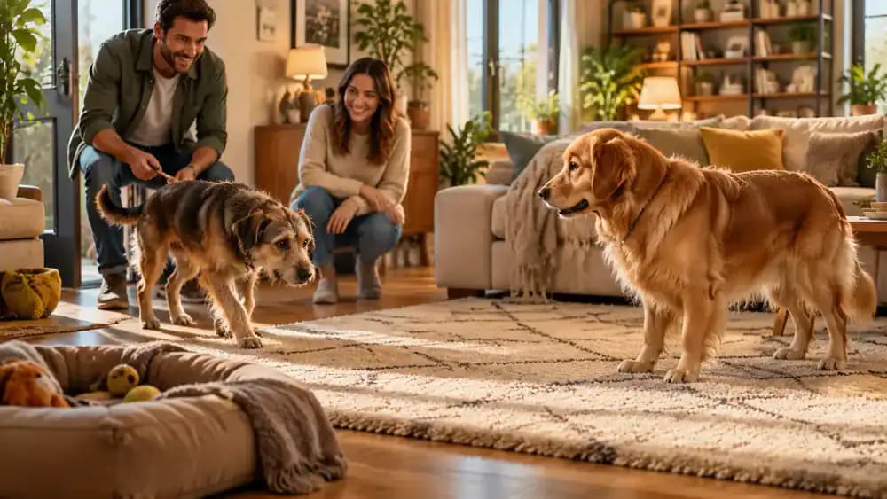 Newly adopted mixed-breed dog entering a living room while the resident dog watches from a comfortable distance as the owner calmly supervises.