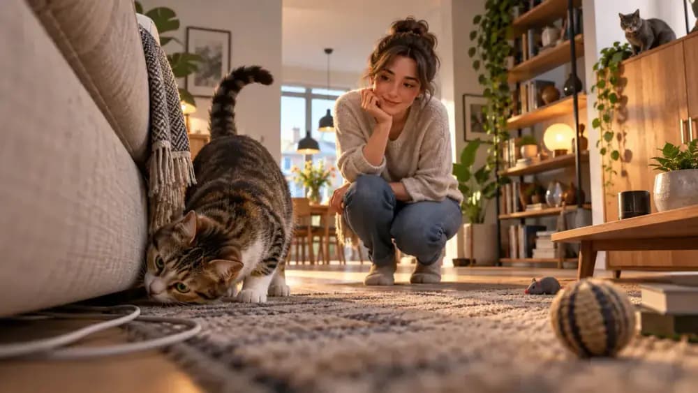 Curious indoor cat inspecting a living room from floor level while the owner checks furniture gaps, shelves, and cords