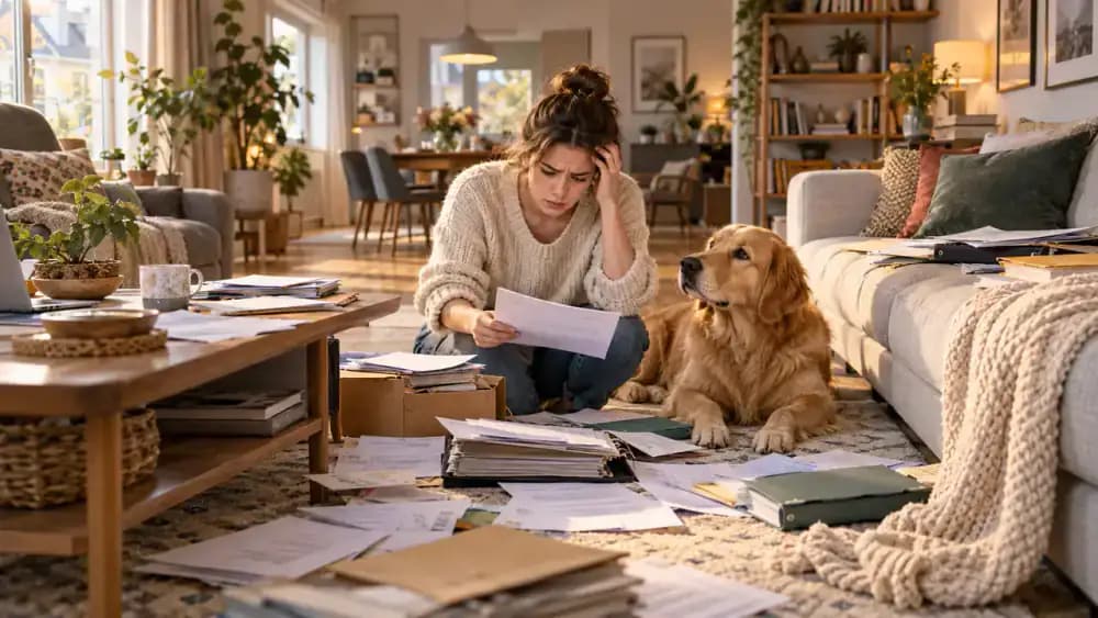 Golden retriever resting beside an owner searching scattered veterinary paperwork, emails, and medication details