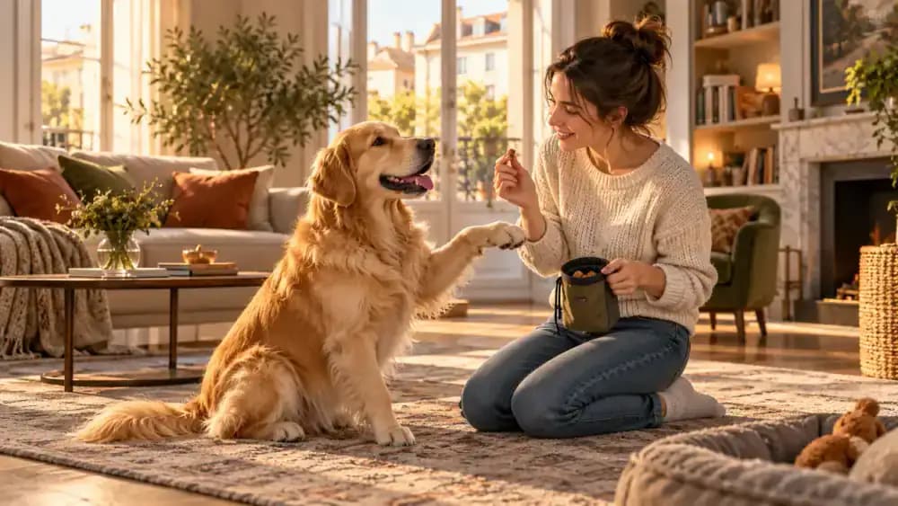 Golden Retriever performing obedience commands for a smiling owner in a bright living room, with a nearly empty treat pouch and discarded wrappers nearby.