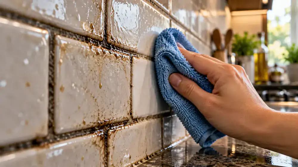 Close-up of a kitchen backsplash with off-white ceramic subway tiles as a hand wipes the surface with a white microfiber cloth, revealing dark grease buildup remaining in the horizontal grout line.