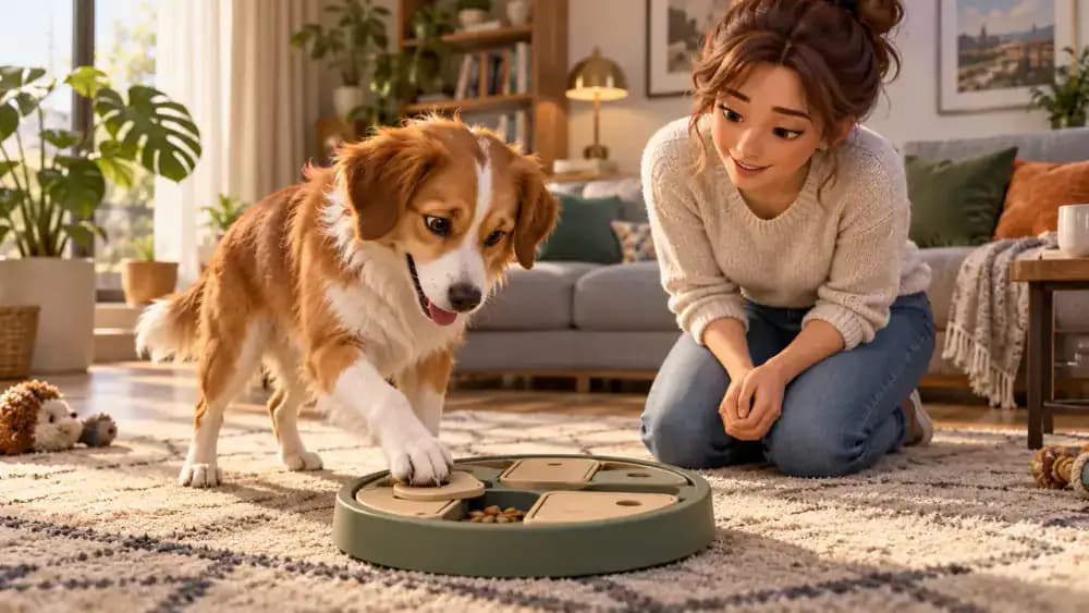 Dog beside an easy puzzle feeder with visible kibble and open compartments