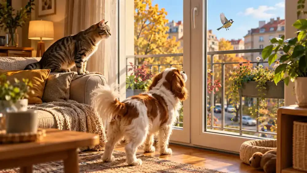 Tabby cat watching a bird through an apartment balcony window while a small dog approaches the glass door, with elevated railings visible outside.