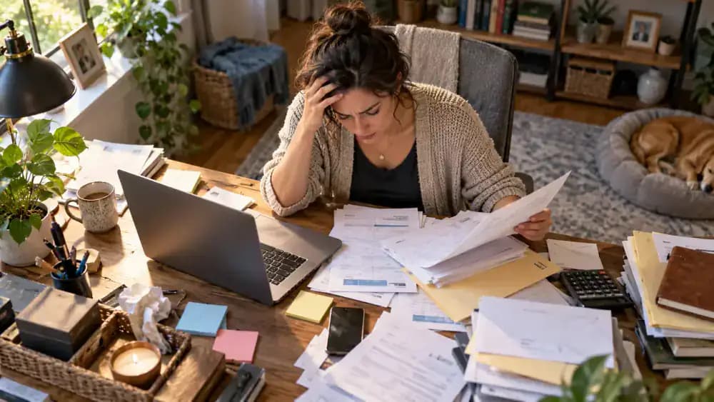 Adult patient searching through scattered medical reports, a handwritten medication list, and an overflowing paper folder beside a smartphone appointment reminder and laptop displaying a generic patient portal login.
