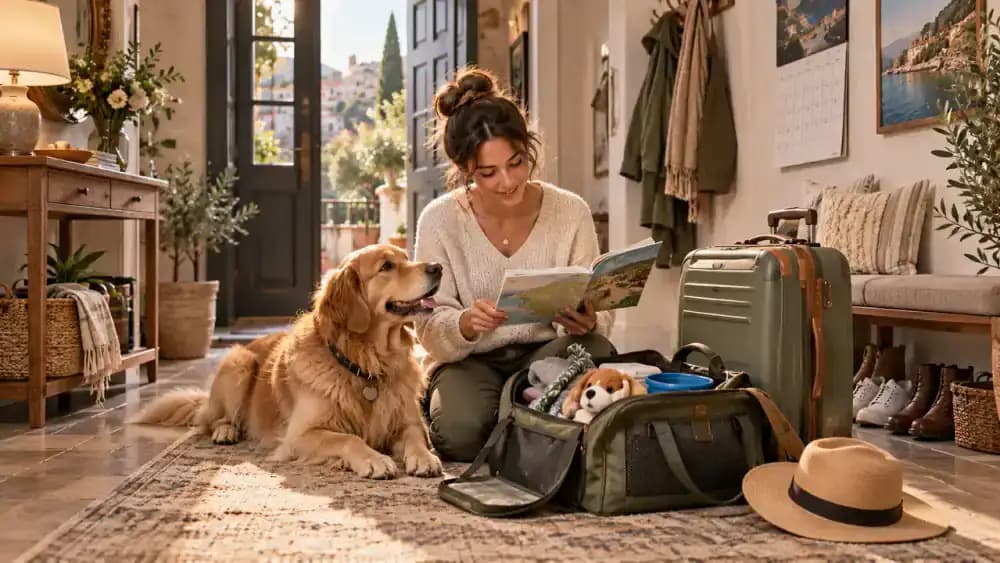 Owner planning a pet trip beside an open travel bag, dog, suitcase, calendar and weather notes
