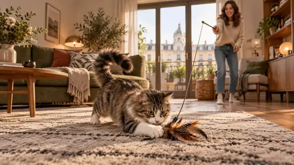 Cat stalking and capturing a wand toy in a living room