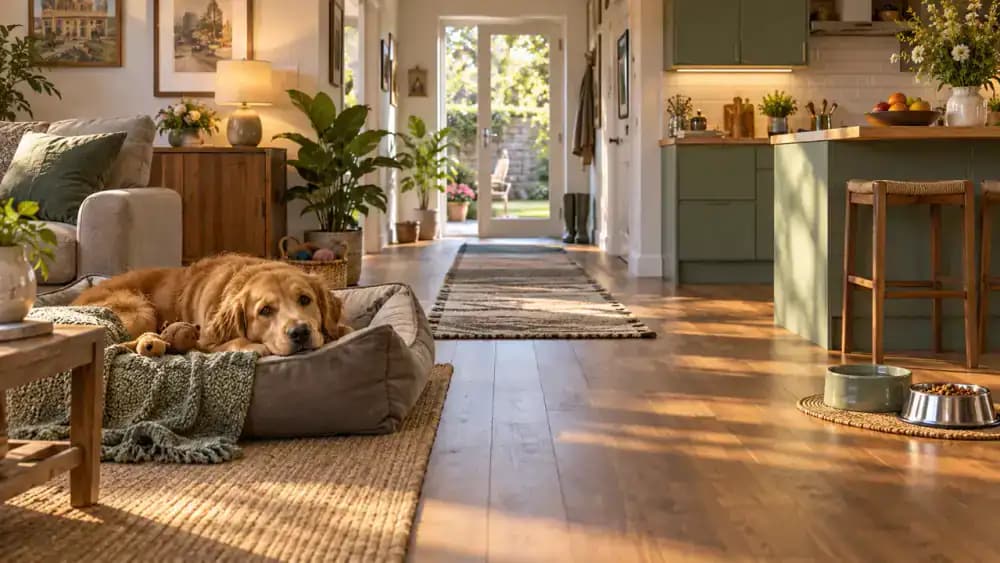 Living room with dog bed, feeding area, and clear path to the back door