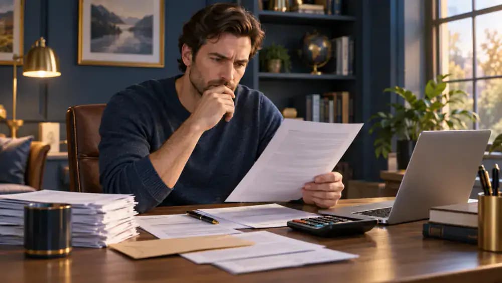 Consumer examining a credit report beside a laptop and calculator