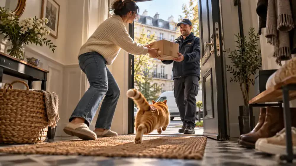 Orange tabby cat rushing toward an open front door as its owner accepts a cardboard package from a delivery courier.