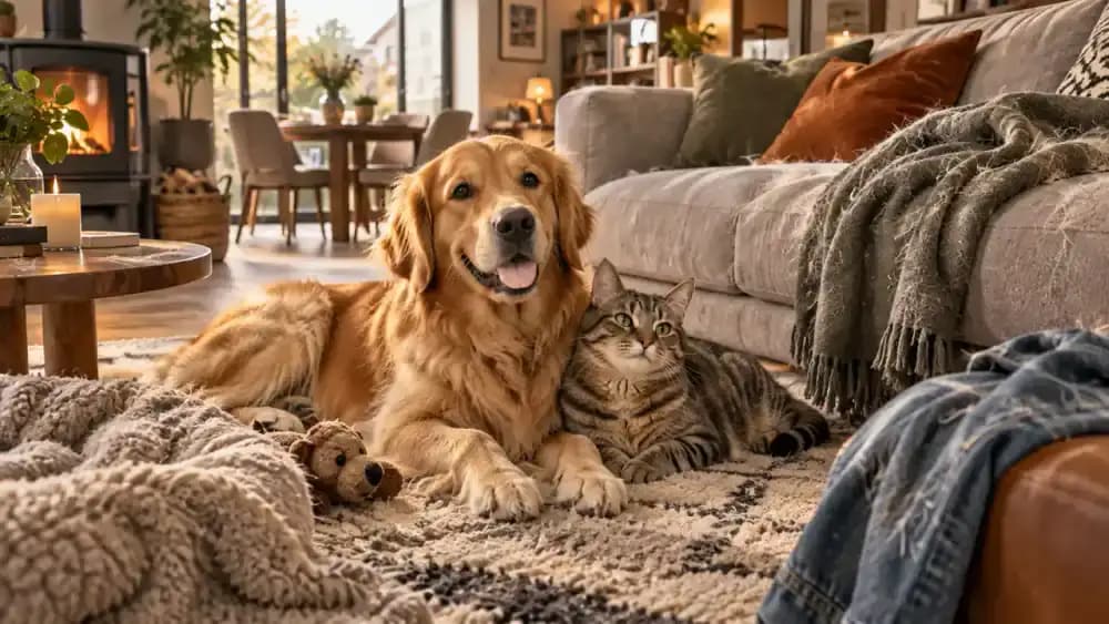Dog and cat relaxing in a living room with visible loose fur on a sofa, rug, blanket, and shirt