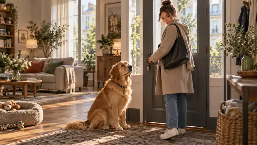 Golden retriever Bailey sits uneasily near the front door while Emma holds her handbag in a sunlit modern living room.