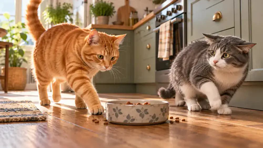Orange tabby approaching a fluffy gray-and-white cat's food bowl in a modern kitchen as the uncomfortable cat retreats, leaving food behind.