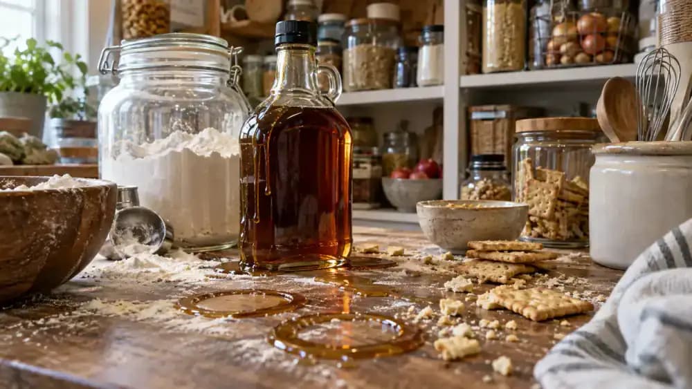 Close-up of a cluttered American kitchen pantry shelf with glossy amber syrup rings beneath a sticky bottle, a small pile of spilled white flour, scattered cracker crumbs around cereal boxes and food containers, and additional packed pantry shelves in the background.