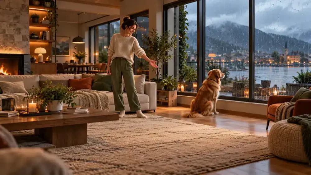 Medium-sized dog sitting beside a rain-covered living room window while its owner gestures toward an open floor area.